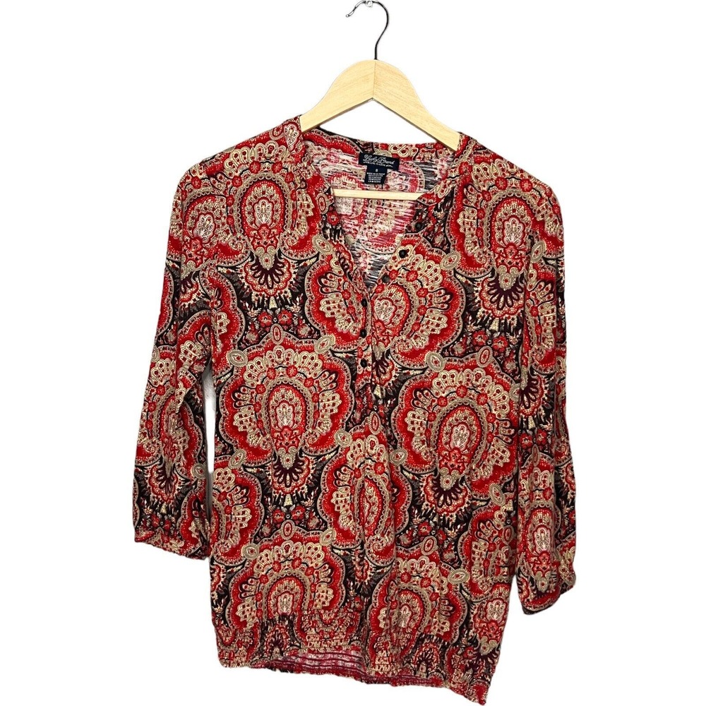 Lucky Brand Shirt Womens Small Multicolor Bohemian 3/4 Sleeve Elastic Waist